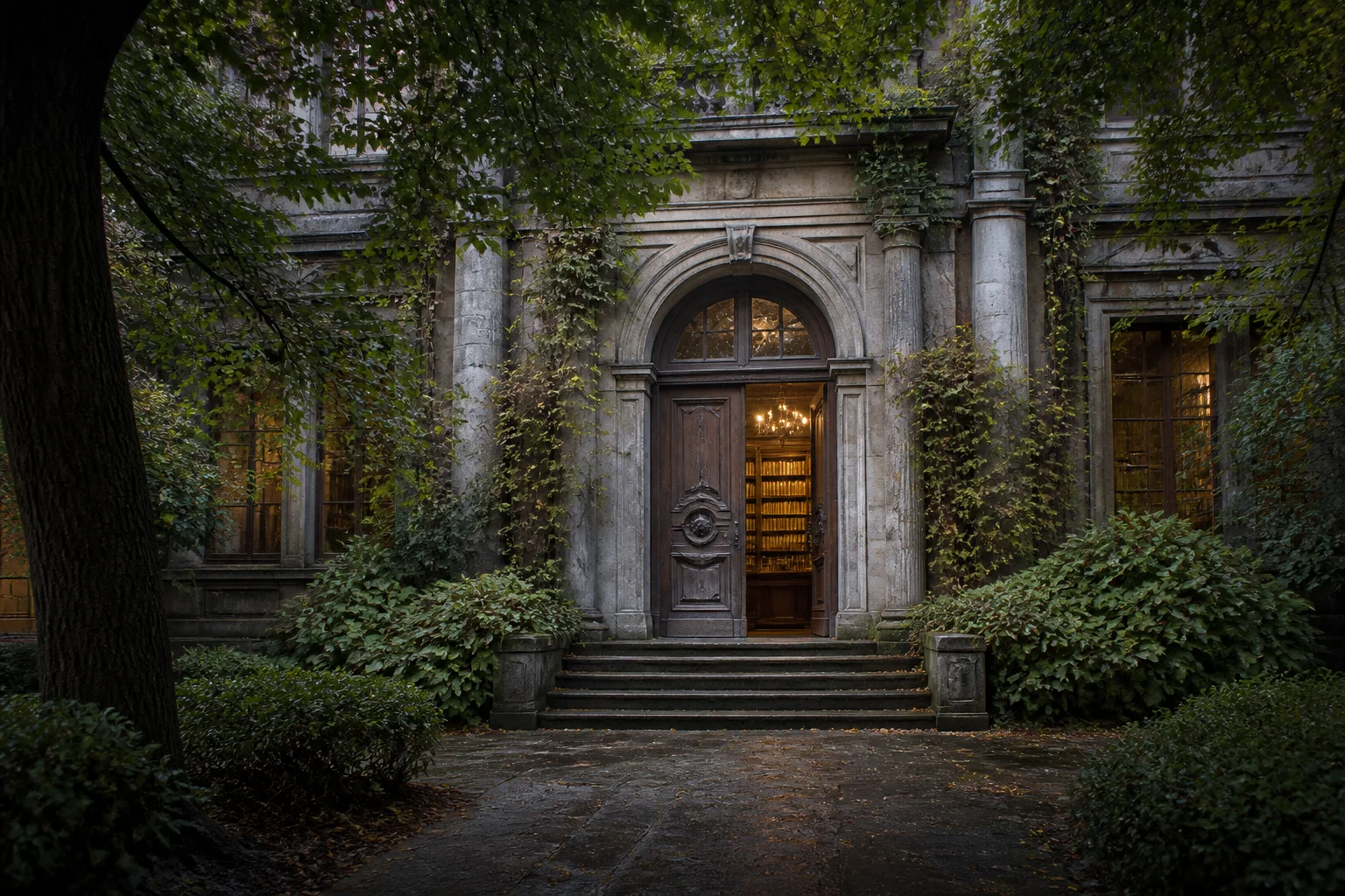 A secluded stone library with a warmly lit open doorway
