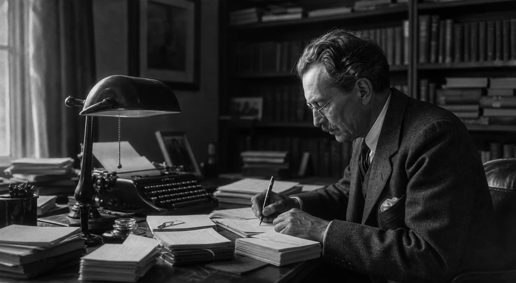 A fictional researcher studying principles of achievement in a period library